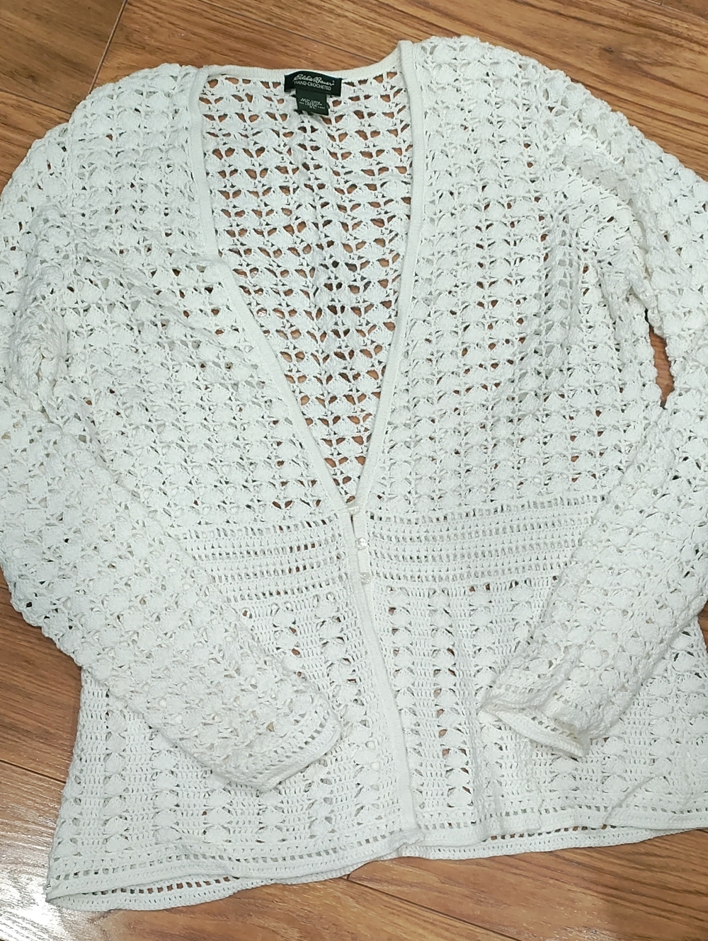 Eddie Bauer Cream Openwork Hand  Crocheted Cardigan